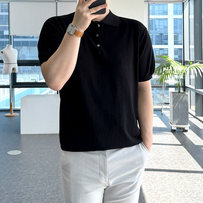 룩플레인 시원한 여름 린넨 반팔 니트 카라 티셔츠 7color