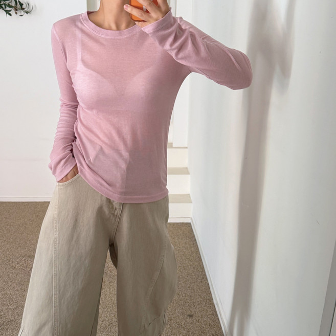 에이치스 미니멀룩 레이어드템 시스루 텐셀 세미슬림핏 라운드넥 긴팔티