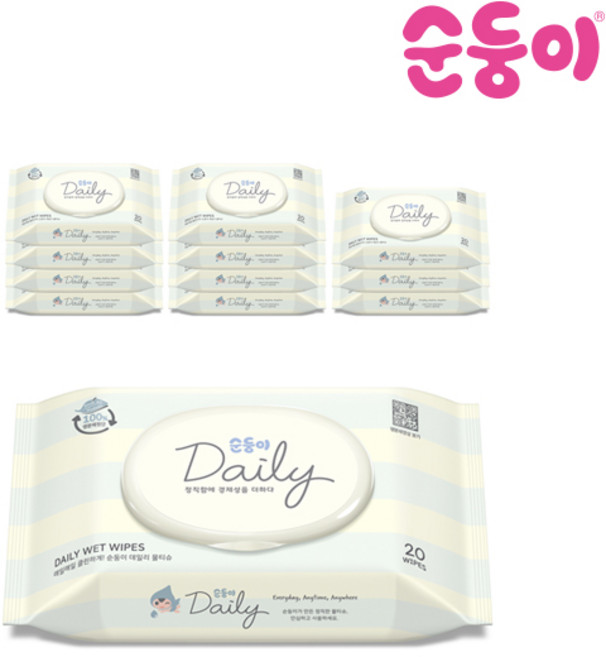 순둥이 생분해물티슈 데일리 휴대 캡형 20매 12팩 (cDa휴12), 45g, 12세트