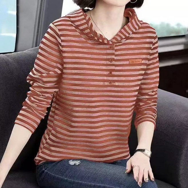 가을 후드 스트라이프 긴팔 티셔츠 여성용 캐주얼 이너웨어 유니크 디자인 긴팔 상의