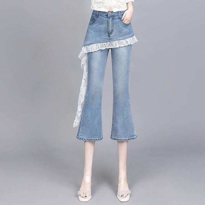 VVRR 여성 바지 하이웨스트 레이스포인트 언발디테일 유니크디자인 데님 7부팬츠 A0051624