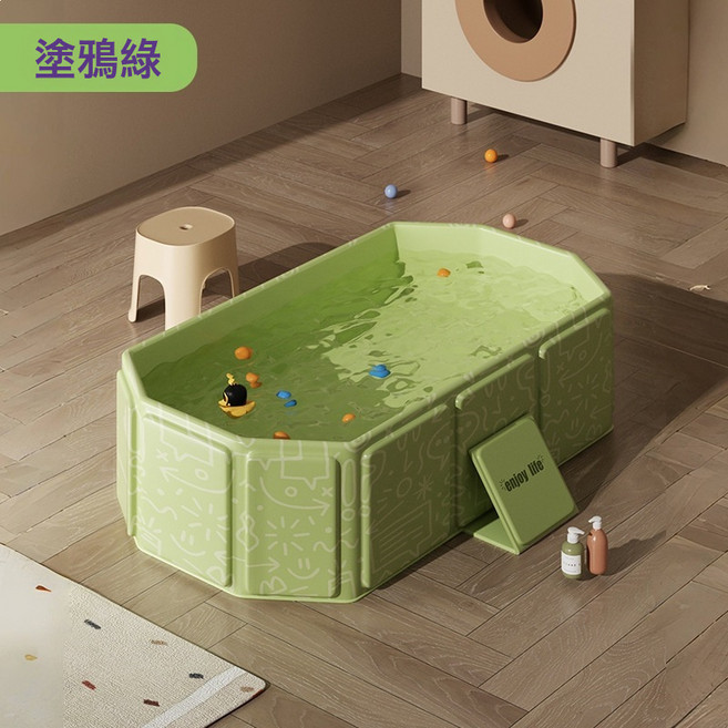 婴儿浴盆大号0-5岁儿童折叠浴桶宝宝可坐躺新生儿一体洗澡盆, 1個, 板材-涂鸦绿婴儿浴盆:如圖所示