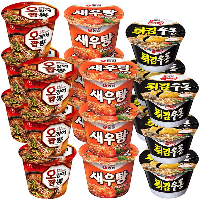 농심 컵라면 대컵 모음 오징어짬뽕 3개+튀김우동 3개+새우탕 3개 큰사발, 2팩