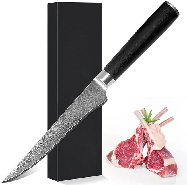 Utaki 뼈스키 줄긋기 칼 다마스커스 뼈스키 식칼 33겹 백파도 다마스커스 Anivia 아니비아 Ⅱ 적층 강화 천연목 핸들 스테인리스 꼭지쇠+꼬리쇠 슬라이서식도, 1개