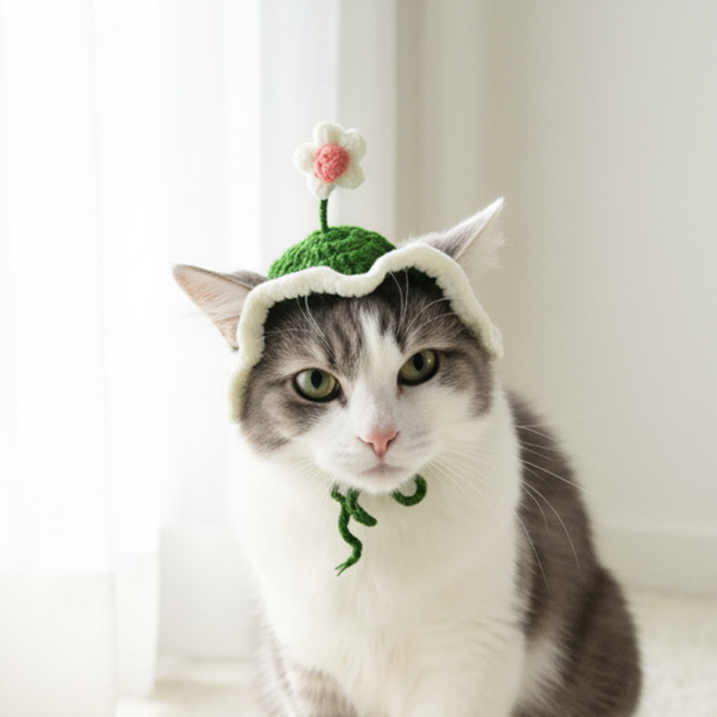 미유틱 고양이 강아지 모자 보닛, 1개, 2. 그린