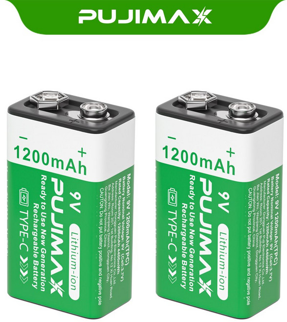 PUJIMAX 충전식 리튬배터리 9V 1200mAh 테스트기 스피커 가전제품용 USB Type-C 방식, 1개, 2개입