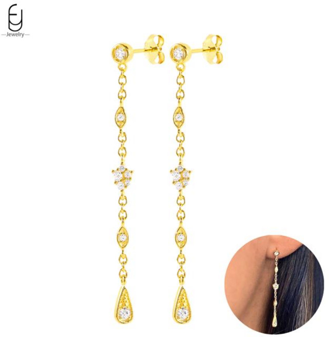 925 스털링 실버 바늘 빈티지 골드 귀걸이 여성을위한 럭셔리 긴 체인 술 크리스탈 후프 파티 트렌드 쥬얼리 (보석 색상-LN0164-1), 1개