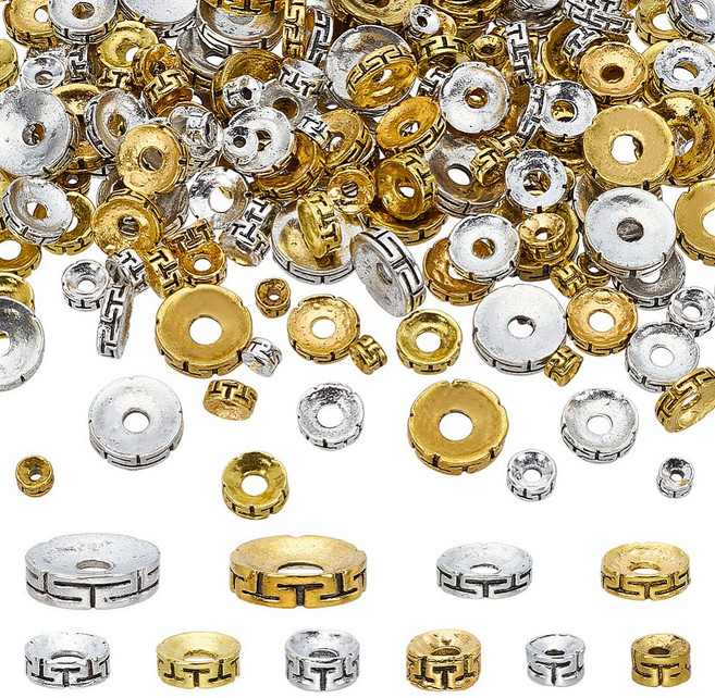 200개 티베트 스타일 합금 스페이서 비즈 10종 세트 플랫/라운드 앤티크 실버 & 앤티크 골드 크기: 4.5~12.5x3mm 구멍 크기: 1.4~4mm, 혼합색