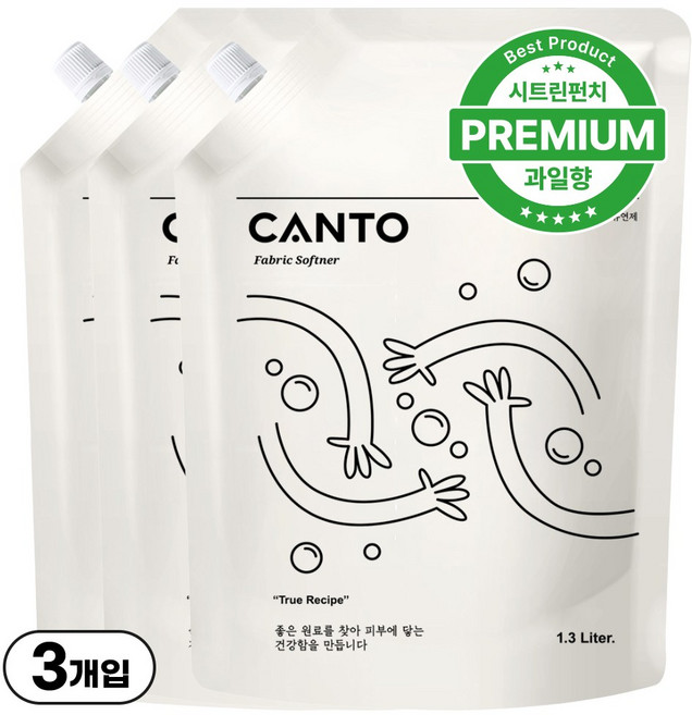칸토 고농축 프리미엄 섬유유연제 파우치 상큼한 꽃 향 시트린펀치, 3개, 1.3L