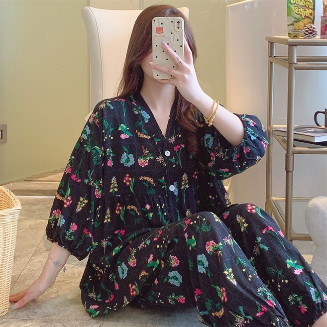 봄 가을 중장년 여성 잠옷 세트 데일리 엄마용 브이넥 긴팔 파자마 세트 루즈핏 편안한 홈웨어 YLP