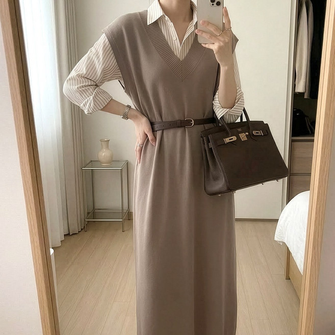 데일리앤 카인드 브이넥 니트 베스트 롱 원피스 레이어드 빅사이즈 임산부 77