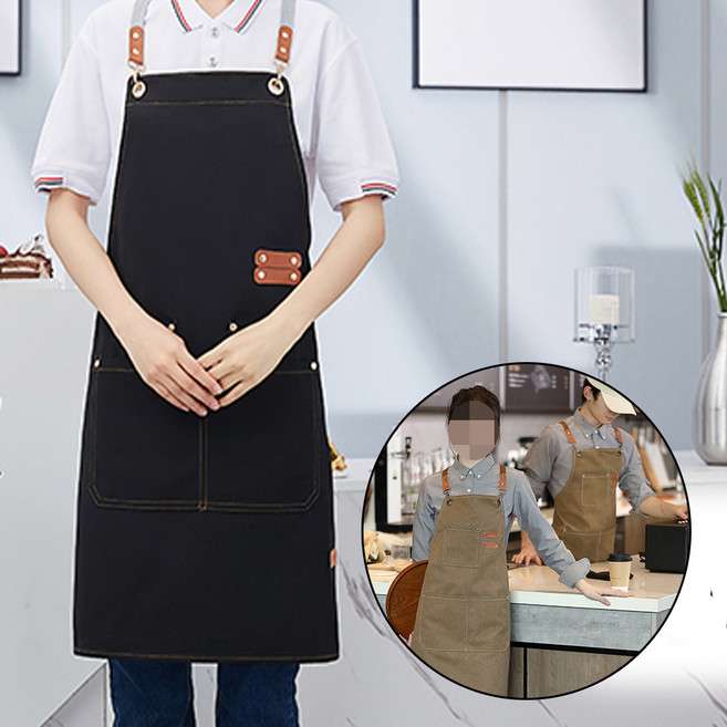 카페앞치마 캔버스 앞치마 바리스타 공방 화방 작업, 빈티지-블랙, 1개