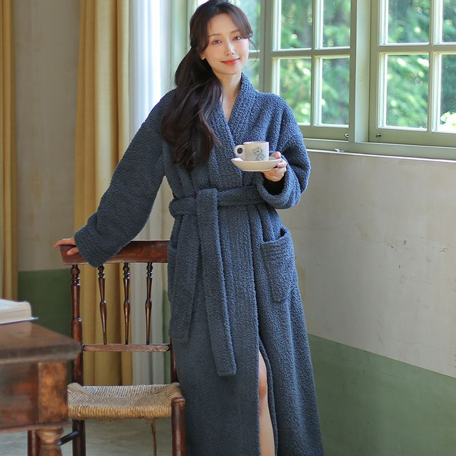 情侶法蘭絨珊瑚絨睡袍 加厚長款保暖家居服, 1個, 9812款米粒絨-炭灰色（女）XL-（建議150-180斤穿）