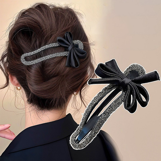 고급 큐빅 리본 헤어 집게핀 적은숱 뒷머리 올림머리 핀