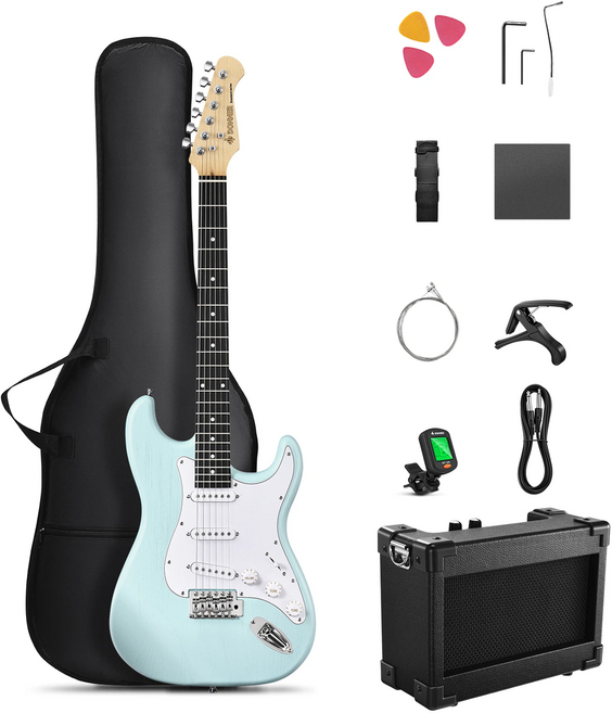 도너릴 Donner 일렉 기타 앰프 세트 솔리드 바디 우드 그레인 SSS 3단 싱글 코일 픽업 +악세서리 입문용 DST-80, 서핑 그린, 1개