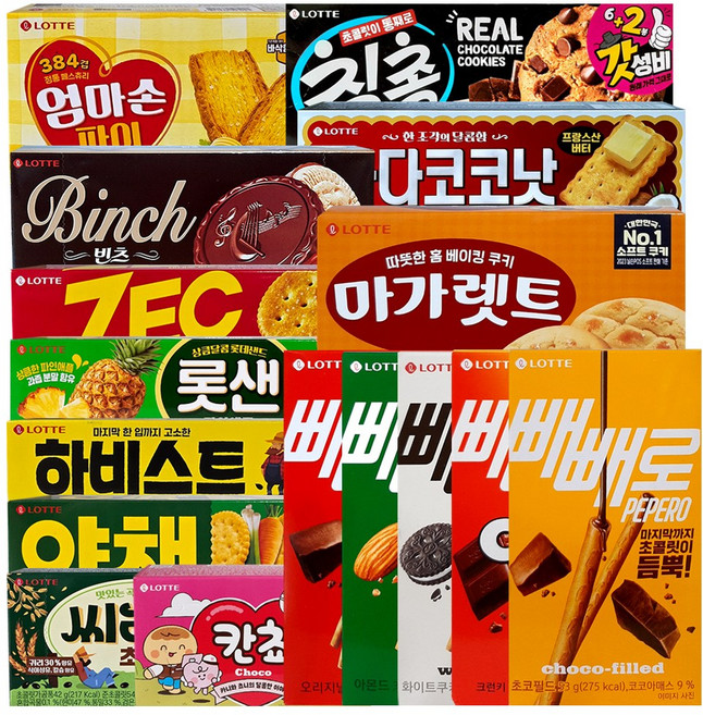 롯데 과자 16종 1개씩 (빼빼로 (5종) 빈츠 엄마손 칙촉 제크 롯샌파인애플 빠다코코낫 하비스트 야채크래커 씨리얼초코 칸쵸(54g) 마가렛트(176g)), 54g, 1개