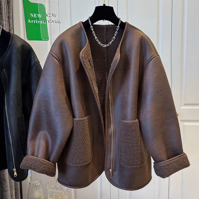 POMTOR 여성 캐주얼 가죽 털안감 숏 자켓 오버펏 라운드넥 스웨이드 무스탕