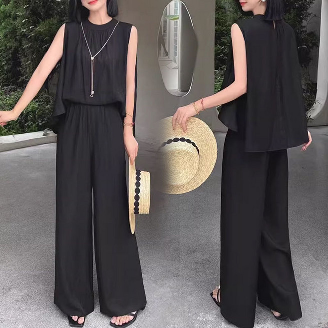 Asure 여자 여름 민소매 블라우스+루즈핏 와이드 팬츠 투피스