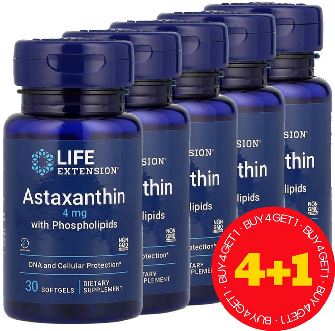 [4+1] 라이프익스텐션 아스타잔틴 인지질 함유 소프트젤 30정 고약사 약들약 / 해외직구 미국정품, 5개