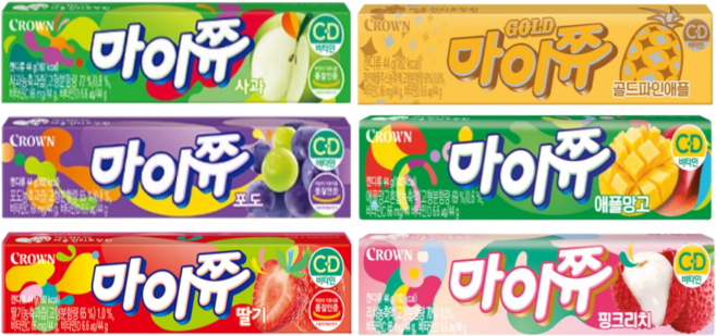 크라운 마이쮸 스틱 44g 6종(사과+포도+딸기+애플망고+핑크리치+골드파인애플) 각1개씩, 1세트