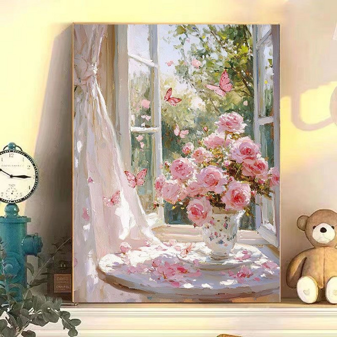 DIY명화그리기 그림그리기꽃 유화 세트, 1개, 분홍 장미