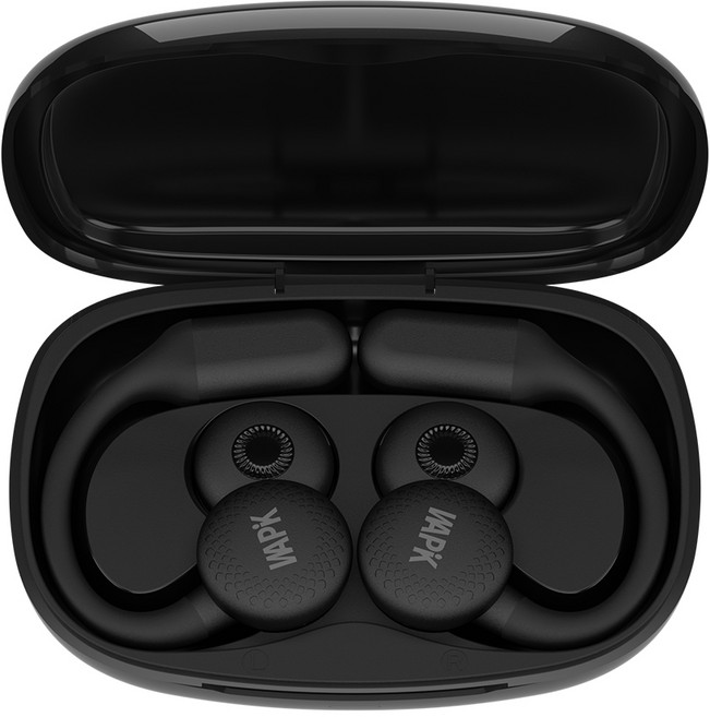 WAPIK 귀걸이형 오픈형 이어폰 R7 블루투스 6.0 ENC 노이즈 캔슬링 운동용 C타입, 블랙