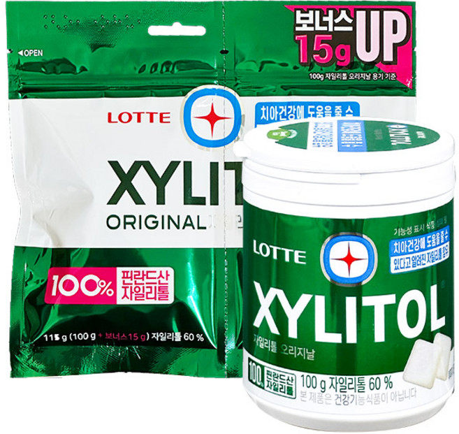 롯데 자일리톨 껌 오리지날 용기100g+리필115g 상쾌 시원 입가심, 1세트