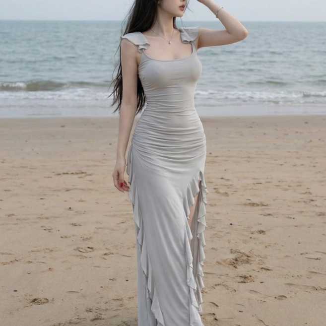 러아카 여성 섹시 쉬폰 슬림핏 셔링 프릴 롱 원피스