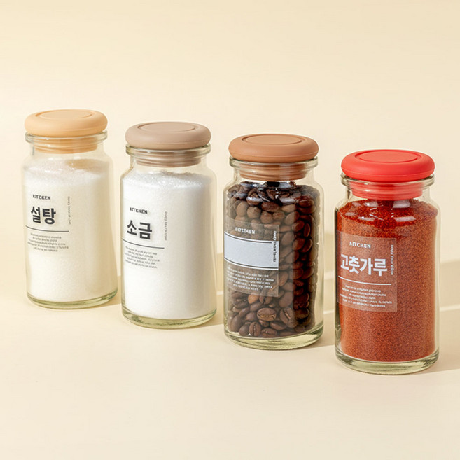 헥사 팬트리 58T캡 실리콘뚜껑 허브 원형 양념통 250ml 4개 (라벨 8종 포함), 58T캡허브원형250ml_레드4P