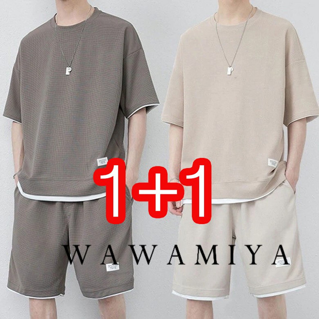 1+1 반팔 남성 트레이닝 상하의 투피스 캐주얼 스포츠 운동 여름 반바지 + 반팔 티셔츠 오버핏 남자 트레이닝세트 WAWAMIYA
