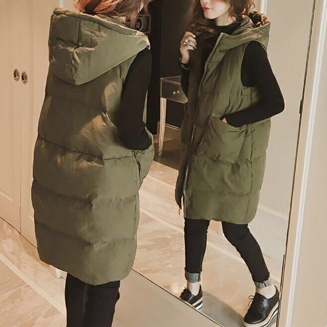 가을 겨울 여성 패딩조끼 루즈핏 박시핏 심플 캐주얼 후드집업 웰론 보온 롱패딩 롱코트 누빔 면조끼 베스트 아우터