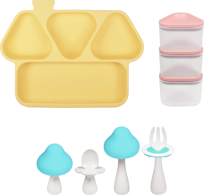 꼬꼬노리 얌세트 스타트3종세트 흡착식판 수저세트 이유식용기, 멜란지옐로우, 프레시민트, 핑크, 1개