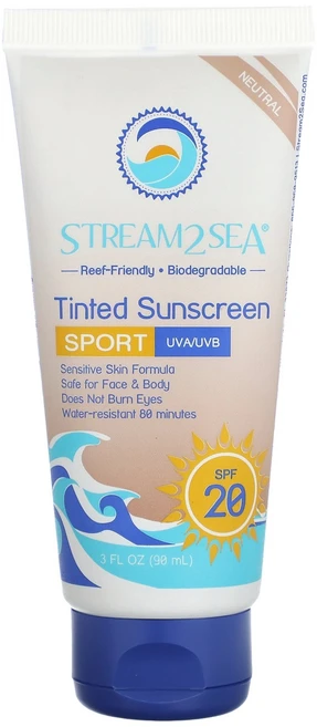 Stream2Sea 틴티드 자외선 차단제 스포츠 SPF 20 뉴트럴 향료 무함유 90ml(3fl oz) Stream2Sea (스트림투씨) - 쿠팡