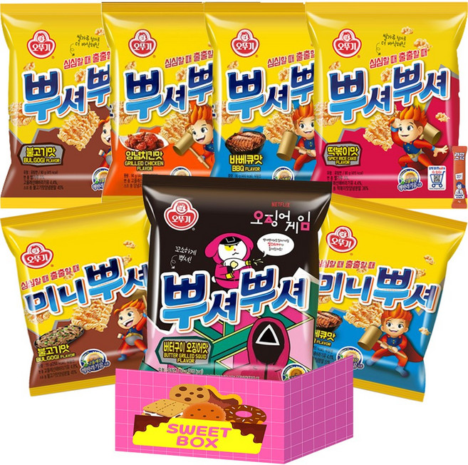 뿌셔뿌셔 7개 세트 (양념치킨맛90g+떡볶이맛90g+불고기맛90g+바베큐맛90g+버터구이오징어맛90g+미니뿌셔바베큐맛55g+미니뿌셔불고기맛55g), 55g