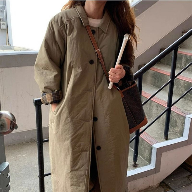 루스리더 여성 오버핏 빅사이즈 롱 패딩 체크 안감 EW9