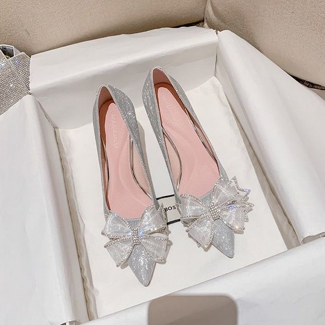 웨딩화 여성 봄가을 스틸레토 실버 섹시 신부 들러리 힐 리본 단화