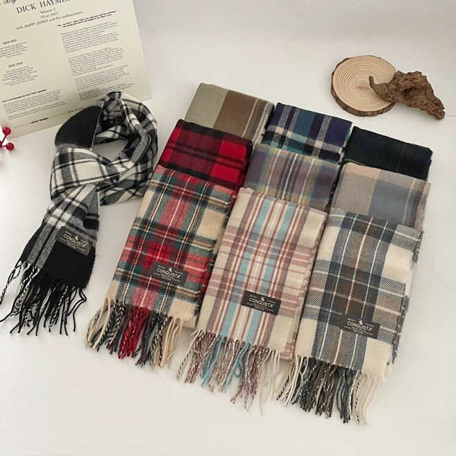 퓨어린 [ 국내제작 ] 무지 체크 하이틴 간절기 심플 데일리 커플 니트 울 목도리