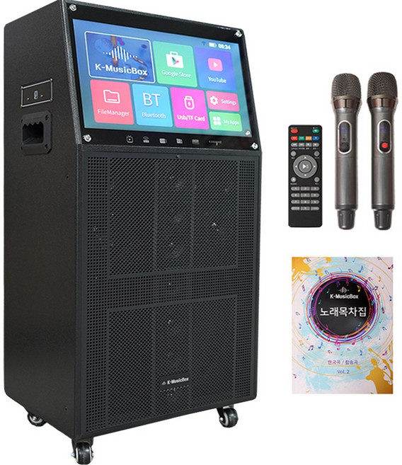 이동식 노래방 AV-3000 560와트 캐리어형식 충전식 캠핑 가정용 행사장 휴대용 무선마이크2개 18인치 모니터 블루투스/USB/MP3 SYSM