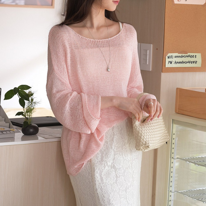 데일리앤 린프 여리여리 그물 시스루 봄 여름 얇은 레이어드 긴팔 루즈핏 니트 티