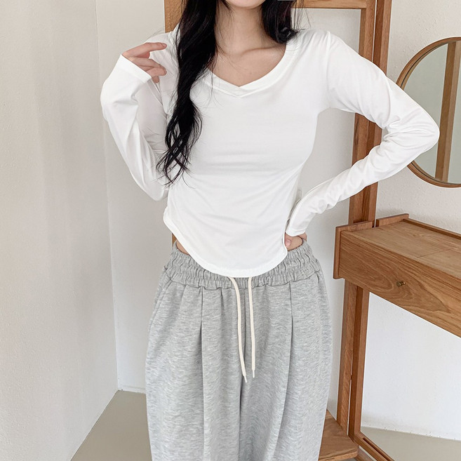 에르모소 딥 브이넥 밑단 라운드 글램핏 슬림 긴팔 티셔츠 데일리 이너티 슬림티 데이트룩 쫄티 스판 HF-C081S