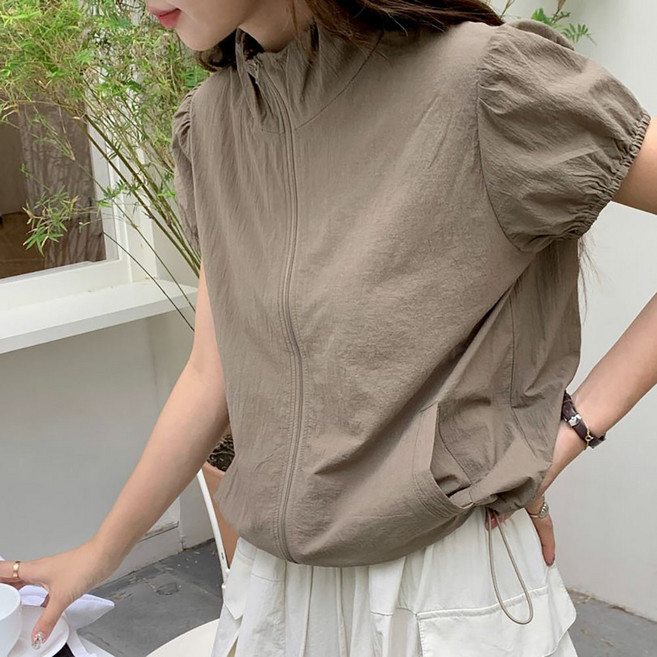 ROYALBELLE 여성 스탠드넥 집업 가벼운 캐주얼 패션 자외선 차단 반팔 조끼 S031213