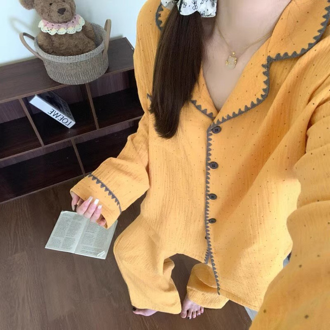 러우 여성 순면 옐로우 파자마 잠옷세트 긴팔 홈웨어 도트 잠옷 상하세트