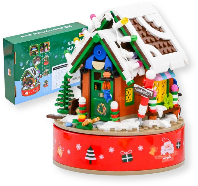 크리스마스 오르골 블럭 트리 산타 하우스 눈사람 블록 선물, 1세트, 산타하우스 오르골 블럭