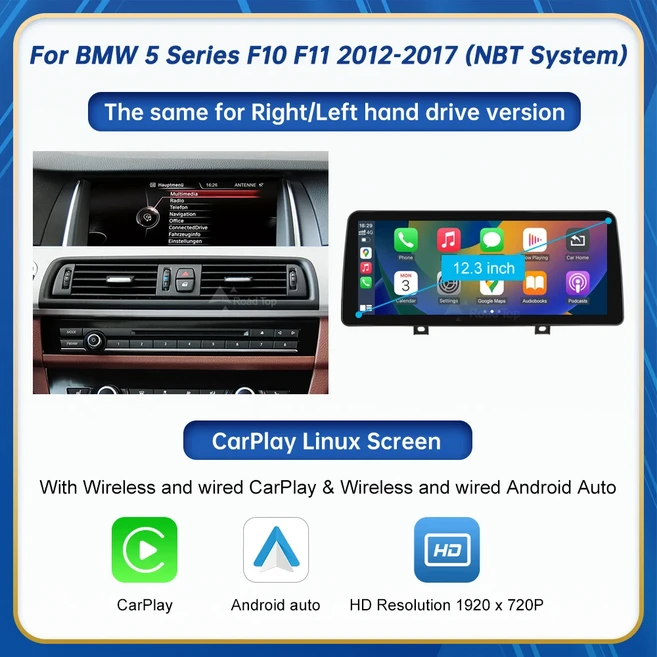 BMW 자동차 5 시리즈 F10 F11 2011-2017 CIC NBT GPS Carplay 터치 스크린 용 10.25 인치 Linux 디스플레이, 01 빠른, 01 12.3inch NBT
