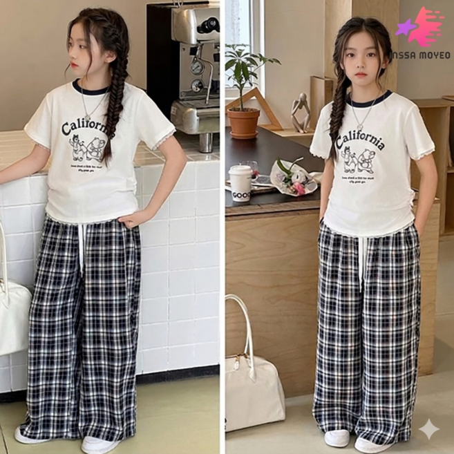 인싸모여 여아 초등 주니어 체크 긴바지 반팔 여름옷 세트