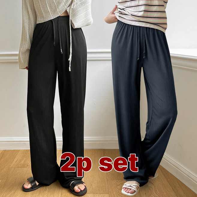 잇진 여성 1+1 여름 시원한 냉감 쿨링 냉장고 바지 플리츠 와이드 팬츠 2장 세트