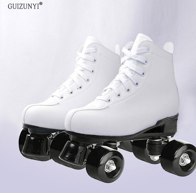 롤러스케이트 인라인 LED 가죽 더블 4륜, 34, 백가죽+반짝이+보호구+신발가방