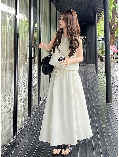 ZAJA 여성 여름 투피스 민소매 셔츠+A라인 롱 스커트 패션 휴양지 치마세트