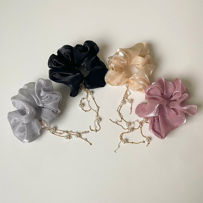 새틴 실크 드롭 펄 헤어 곱창 머리끈