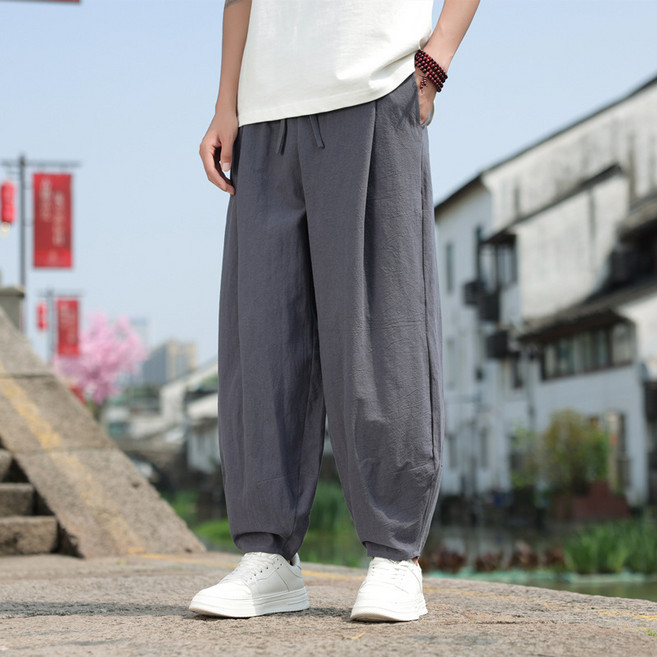 棉麻休閒褲 寬鬆透氣 男士夏季薄款 中國風設計 太極燈籠褲 漢服褲 道服褲+灰色+3XL